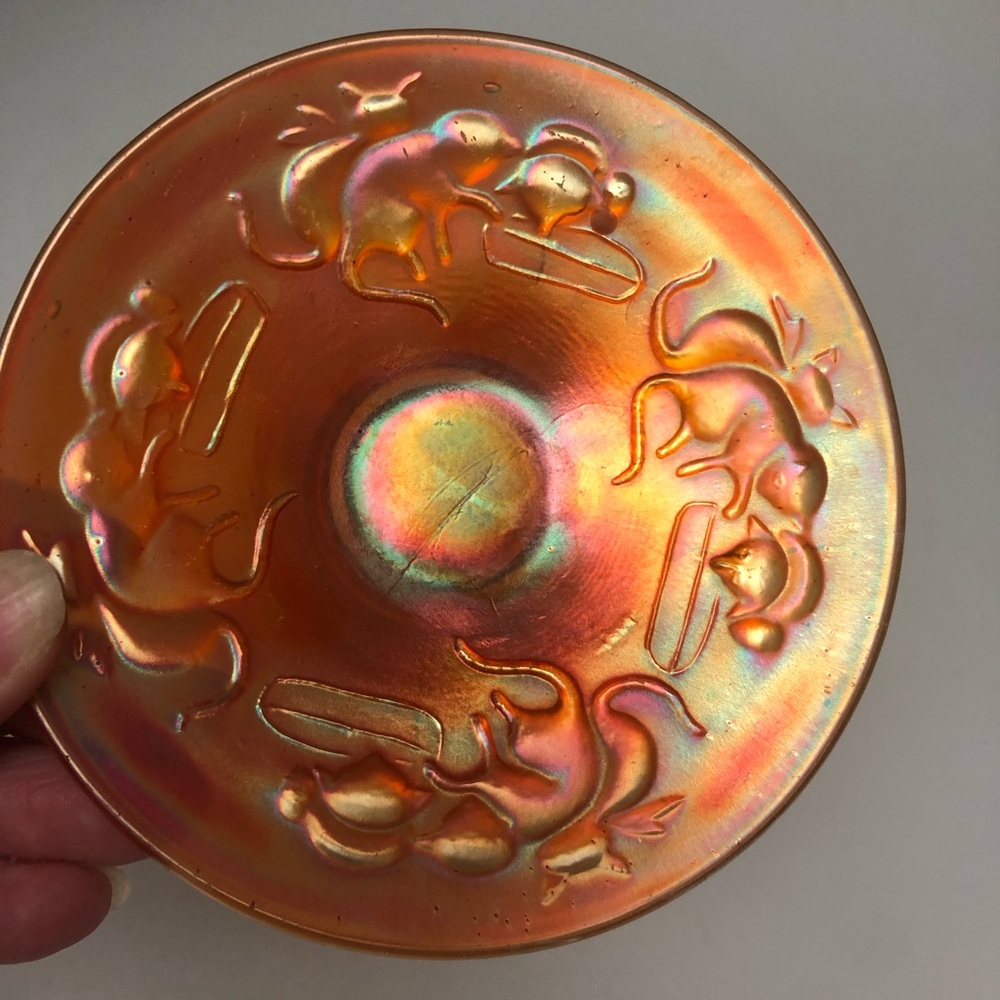 Antique Fenton “Kittens” Pattern Carnival Glass in Marigold Small Saucer #299
